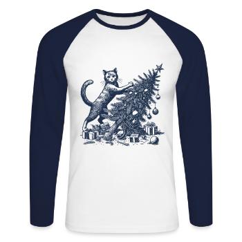 CatFunny Cat Noël Style Rétro - T-shirt baseball manches longues Homme - blanc/marine - Devant - Nik (191cm)