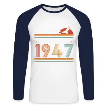 January 1947 Vintage Retro Birthday Gift - Unisex Long Sleeve Baseball T-Shirt - white/navy - Front - Nik (191cm)