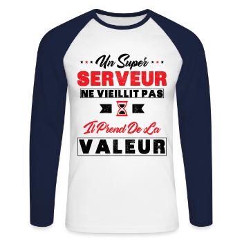 Un Super Serveur ne vieillit pas cadeau Serveur - T-shirt baseball manches longues Homme - blanc/marine - Devant - Nik (191cm)