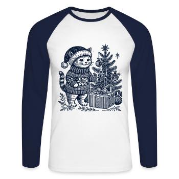 Lustige Katze Weihnachten Retro Vintage - Unisex Baseballshirt langarm - Weiß/Navy - Vorne - Nik (191cm)