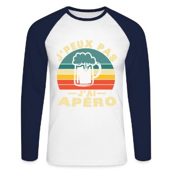 J'Peux Pas J'Ai Apéro Vintage Cadeau Humour - T-shirt baseball manches longues Homme - blanc/marine - Devant - Nik (191cm)