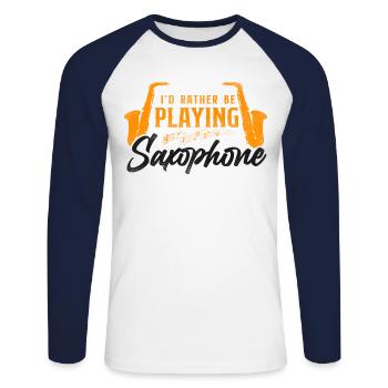 Saxophones que je préfère jouer - T-shirt baseball manches longues Homme - blanc/marine - Devant - Nik (191cm)
