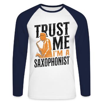 Saxophone Fais-moi confiance Je suis A - T-shirt baseball manches longues Homme - blanc/marine - Devant - Nik (191cm)