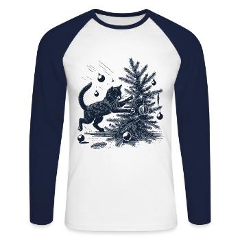Drôle de chat Noël rétro look vintage - T-shirt baseball manches longues Homme - blanc/marine - Devant - Nik (191cm)