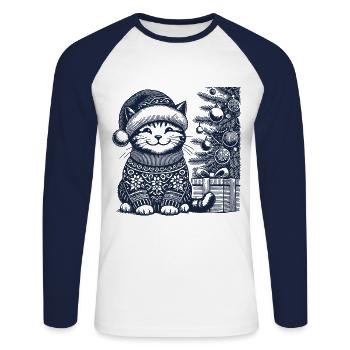 Lustige Katze Weihnachten Retro Vintage Stil - Unisex Baseballshirt langarm - Weiß/Navy - Vorne - Nik (191cm)