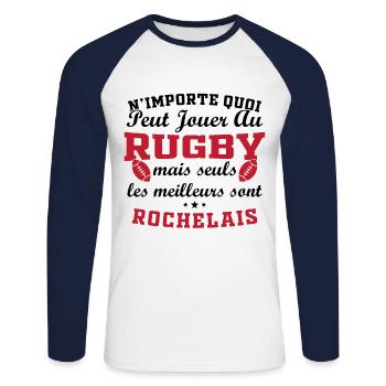 Rugby La Rochelle supporter rochelais club rugby - T-shirt baseball manches longues Homme - blanc/marine - Devant - Nik (191cm)