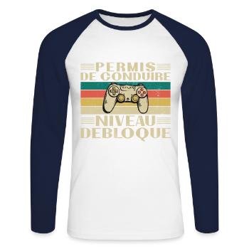 Permis de Conduire Niveau Débloqué - T-shirt baseball manches longues Homme - blanc/marine - Devant - Nik (191cm)