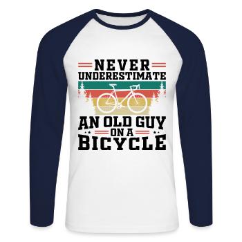 Never Underestimate An Old Guy On A Bicycle - Unisex Long Sleeve Baseball T-Shirt - white/navy - Front - Nik (191cm)