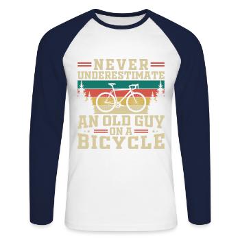 Never Underestimate An Old Guy On A Bicycle - Unisex Long Sleeve Baseball T-Shirt - white/navy - Front - Nik (191cm)