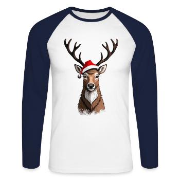 Renne de Noël avec chapeau de Noël - T-shirt baseball manches longues Homme - blanc/marine - Devant - Nik (191cm)