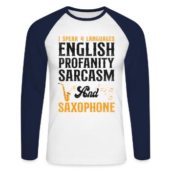 Saxophones Je parle 4 langues - T-shirt baseball manches longues Homme - blanc/marine - Devant - Nik (191cm)