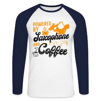 Saxophone Coffee Powered By - Unisex Long Sleeve Baseball T-Shirt - white/navy - Front - Nik (191cm)