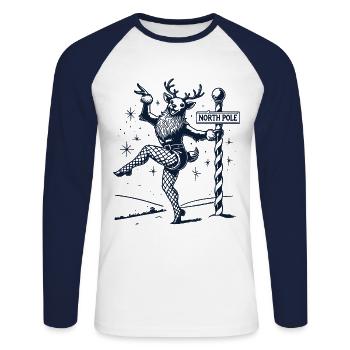 Drôle Pole Dance Renne Noël - T-shirt baseball manches longues Homme - blanc/marine - Devant - Nik (191cm)