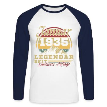 90 ans Gift Né en janvier 1935 - T-shirt baseball manches longues Homme - blanc/marine - Devant - Nik (191cm)