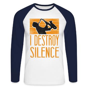 Saxophones I Destroy Silence - Unisex Long Sleeve Baseball T-Shirt - white/navy - Front - Nik (191cm)