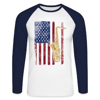 Saxophone American Flag - Unisex Baseballshirt langarm - Weiß/Navy - Vorne - Nik (191cm)