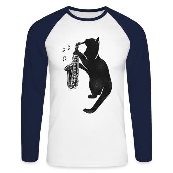 Saxophone Cat - Unisex Long Sleeve Baseball T-Shirt - white/navy - Front - Nik (191cm)