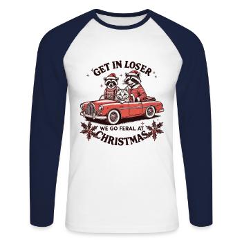 Raccoon and Friends We Go Feral At Christmas - Unisex Long Sleeve Baseball T-Shirt - white/navy - Front - Nik (191cm)
