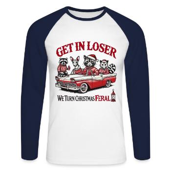 We Turn Christmas Feral - Motifs de Noël amusants - T-shirt baseball manches longues Homme - blanc/marine - Devant - Nik (191cm)