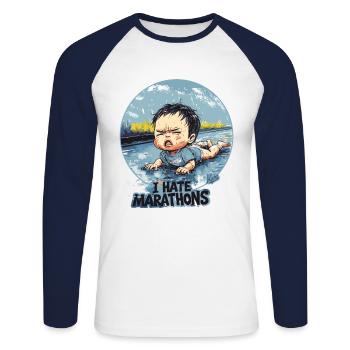 Crying baby "I hate marathons" - Unisex Long Sleeve Baseball T-Shirt - white/navy - Front - Nik (191cm)