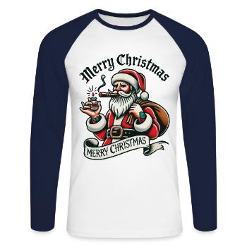 Joyeux Noël Père Noël avec plaisir - T-shirt baseball manches longues Homme - blanc/marine - Devant - Nik (191cm)