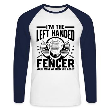 Ich bin der linkshändige Fechter, den deine Mutter gewarnt hat - Unisex Baseballshirt langarm - Weiß/Navy - Vorne - Nik (191cm)