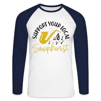 Saxophone Support Your Local - Unisex Baseballshirt langarm - Weiß/Navy - Vorne - Nik (191cm)