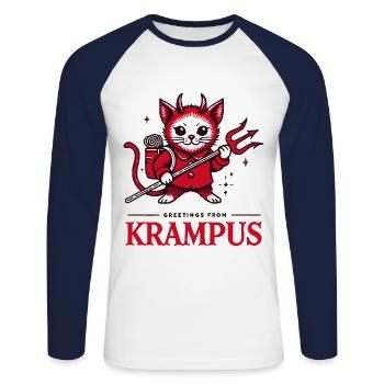 Gruß vom Krampus Katze lustiges Weihnachtsdesign - Unisex Baseballshirt langarm - Weiß/Navy - Vorne - Nik (191cm)