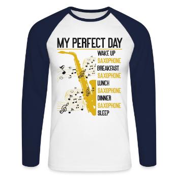 Saxophone My Perfect Day Wake Up - T-shirt baseball manches longues Homme - blanc/marine - Devant - Nik (191cm)