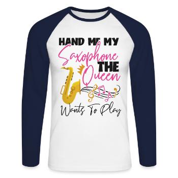 Saxophone Hand Me My Saxophone The - Unisex Baseballshirt langarm - Weiß/Navy - Vorne - Nik (191cm)