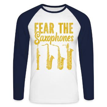 Saxophone Fear The Saxophones - Unisex Long Sleeve Baseball T-Shirt - white/navy - Front - Nik (191cm)
