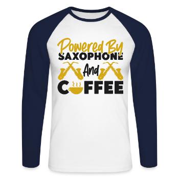 Saxophone Coffee Powered By - Unisex Long Sleeve Baseball T-Shirt - white/navy - Front - Nik (191cm)