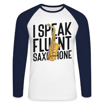 Saxophones Je parle couramment Saxophones - T-shirt baseball manches longues Homme - blanc/marine - Devant - Nik (191cm)
