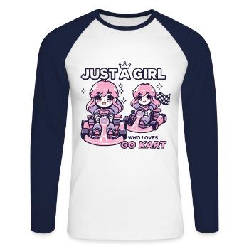 Une fille dans une aventure de karting - T-shirt baseball manches longues Homme - blanc/marine - Devant - Nik (191cm)