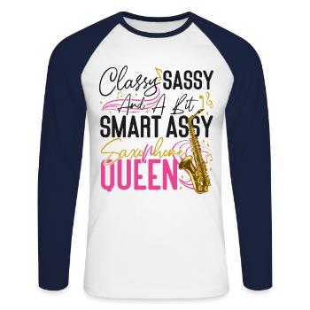 Saxophone Classe, Impertinent Et Un Peu - T-shirt baseball manches longues Homme - blanc/marine - Devant - Nik (191cm)