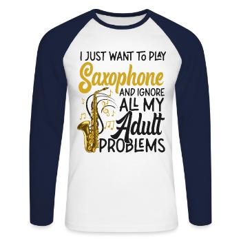 Saxophones que je veux juste jouer - T-shirt baseball manches longues Homme - blanc/marine - Devant - Nik (191cm)