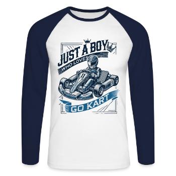 Un garçon qui aime le karting style vintage - T-shirt baseball manches longues Homme - blanc/marine - Devant - Nik (191cm)