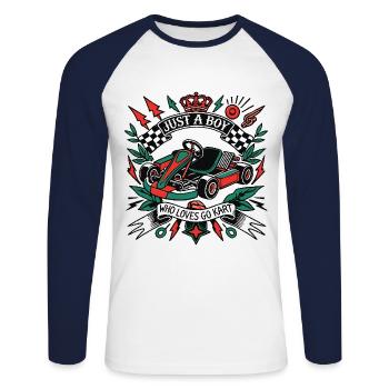 Un garçon qui aime les courses de karting style rétro - T-shirt baseball manches longues Homme - blanc/marine - Devant - Nik (191cm)