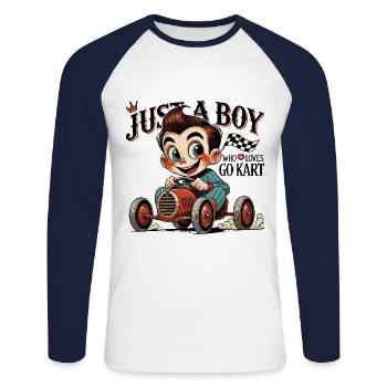 Un garçon qui aime le karting Vintage Cartoon - T-shirt baseball manches longues Homme - blanc/marine - Devant - Nik (191cm)