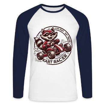 Kart Racer Waschbär: Lebe Schnell & Iss Müll - Unisex Baseballshirt langarm - Weiß/Navy - Vorne - Nik (191cm)