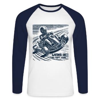 Karting dans l’aventure de la voie rapide - T-shirt baseball manches longues Homme - blanc/marine - Devant - Nik (191cm)