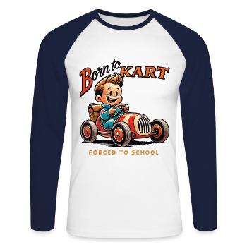 Né pour le karting style rétro - T-shirt baseball manches longues Homme - blanc/marine - Devant - Nik (191cm)