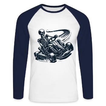 Le skeleton dans l’aventure d’une course de karting - T-shirt baseball manches longues Homme - blanc/marine - Devant - Nik (191cm)