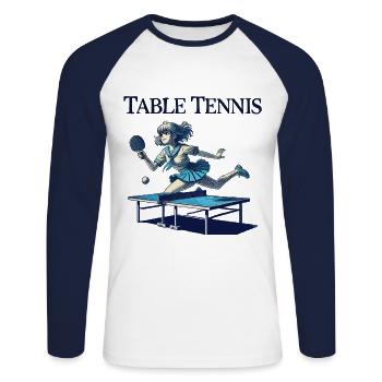 Anime Retro Table Tennis Player Schoolgirl - Unisex Long Sleeve Baseball T-Shirt - white/navy - Front - Nik (191cm)