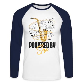Saxophone Pun Powered By Sax - Unisex Baseballshirt langarm - Weiß/Navy - Vorne - Nik (191cm)