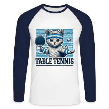 Niedliche Katze Tischtennis Vintage Look - Unisex Baseballshirt langarm - Weiß/Navy - Vorne - Nik (191cm)