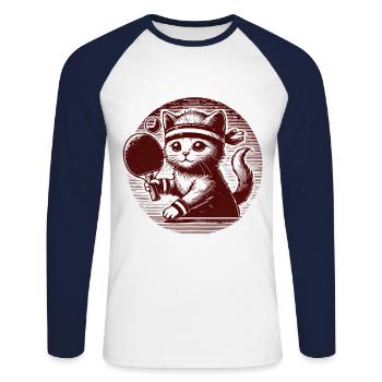 Cute cat playing table tennis in retro style - Unisex Long Sleeve Baseball T-Shirt - white/navy - Front - Nik (191cm)