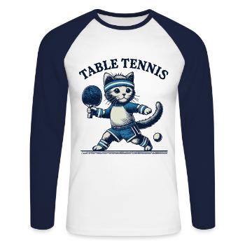 Niedliche Katze Tischtennis Retro Vintage Design - Unisex Baseballshirt langarm - Weiß/Navy - Vorne - Nik (191cm)