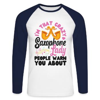 Saxophone I'm That Crazy Saxophone - Unisex Baseballshirt langarm - Weiß/Navy - Vorne - Nik (191cm)