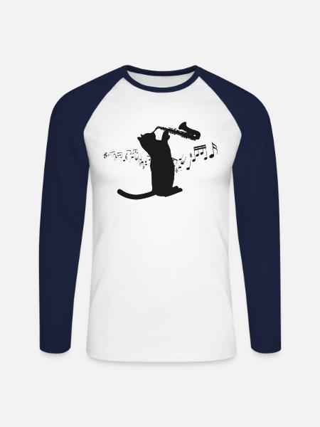 Saxophone Chat - T-shirt baseball manches longues Homme - blanc/marine